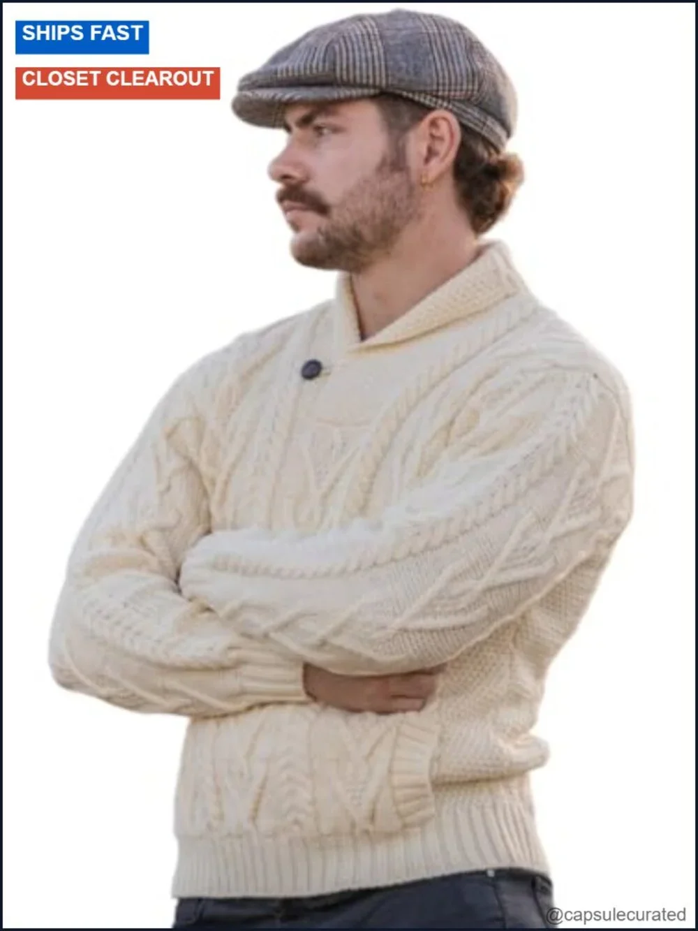 100% Merino Wool Men's Shawl Collar Single Button Irish Cable Knit Sweater with